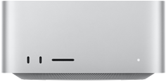 Mac Studio, предна част, два USB‑C порта, слот за SDXC карта, светлинен индикатор за състояние, конусовидна основа отдолу, плосък отгоре, заоблени страни, прави ръбове, цвят сребърно, Mac Studio, задна част, перфориран алуминиев изход, четири Thunderbolt 5 порта, един Ethernet, един електрически контакт, два USB-A, един HDMI, един жак за слушалки и бутон за включване