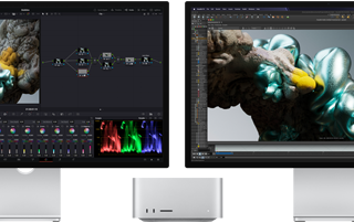 Studio Display монитор и Studio Display XDR монитор, един от всяка страна на Mac Studio, показващи работен плот на артист, софтуер за 3D модели и инструменти