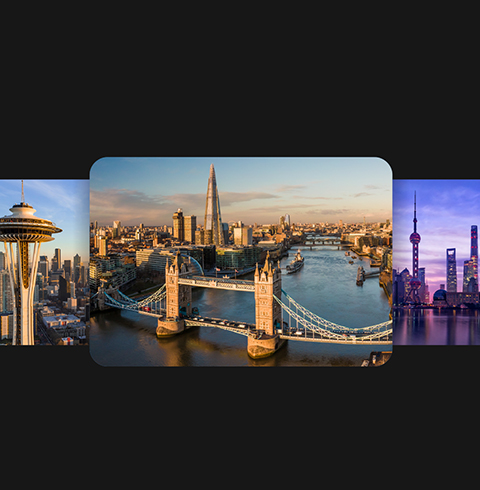 Vues aériennes des villes de Seattle, Londres et Shanghai.