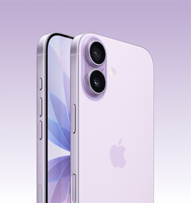 iPhone 17 en color lavanda, con parte de la pantalla visible y vista lateral que permite ver el Botón de Acción, el botón de volumen y el botón lateral. Parte posterior que muestra el sistema de dos cámaras Fusion en la esquina superior izquierda.