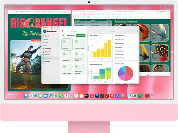 Pohled zepředu na růžový iMac s několika otevřenými aplikacemi na sledování skladových zásob, navrhování katalogu k muškaření a řízení firmy