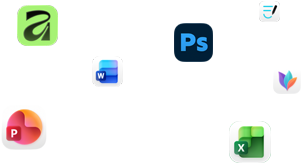 Na obrazovce se vznášejí ikony různých aplikací jako Microsoft Word, Adobe Photoshop, Canva a Figma