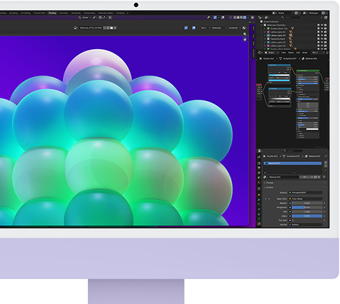 Pohled zepředu na fialový iMac, na kterém se zobrazuje grafika s barevnými bublinami v aplikaci na upravování obrázků