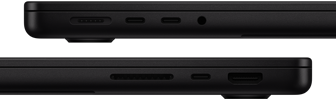 Porty MacBooku Pro – levá strana: MagSafe, dva porty Thunderbolt, sluchátkový konektor – pravá strana: SDXC, jeden port Thunderbolt, HDMI