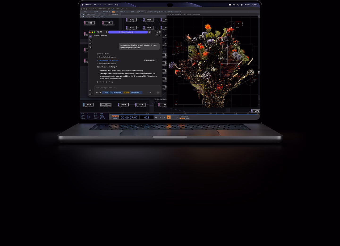 16palcový stříbrný MacBook Pro s PROLED XDR displejem, který znázorňuje vytváření obrázku pomocí TouchDesigneru a LM Studia
