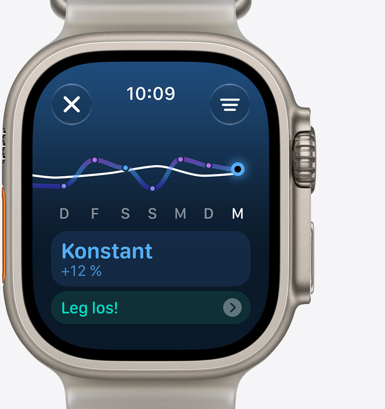 Apple Watch Ultra 4, Display mit Trainingsbelastung zeigt gleichmäßigen Anstieg, Titangehäuse, Farbe Natur, verbunden mit Ocean Armband, Farbe Halbtransparentes Grau