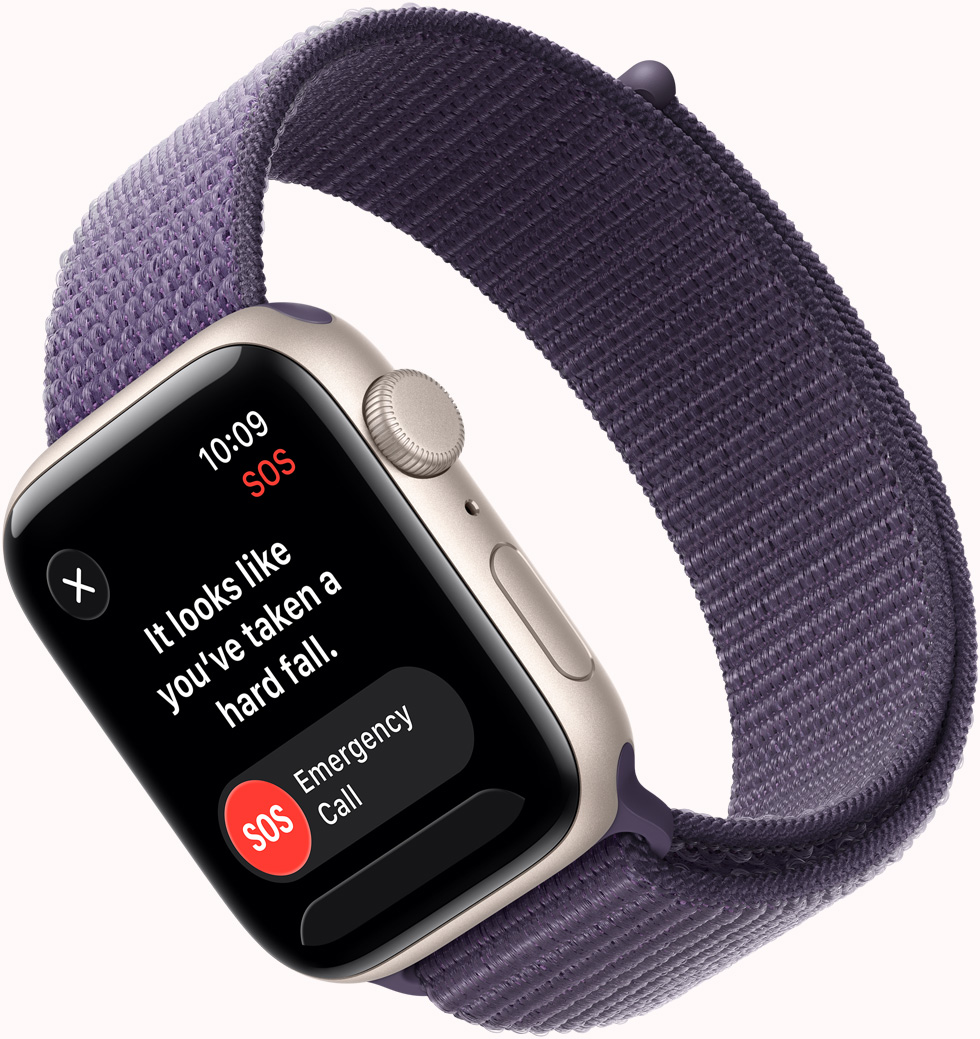Apple Watch SE 3, aluminum case, starlight color, SOS Fall Detection notification, emergency call and I'm OK buttons, right side exterior, Digital Crown, microphone, side button, band, Sport Loop, purple fog color
