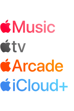Logoer for Apples abonnementsbaserede tjenester, herunder Apple Music, Apple TV, Apple Arcade og iCloud+