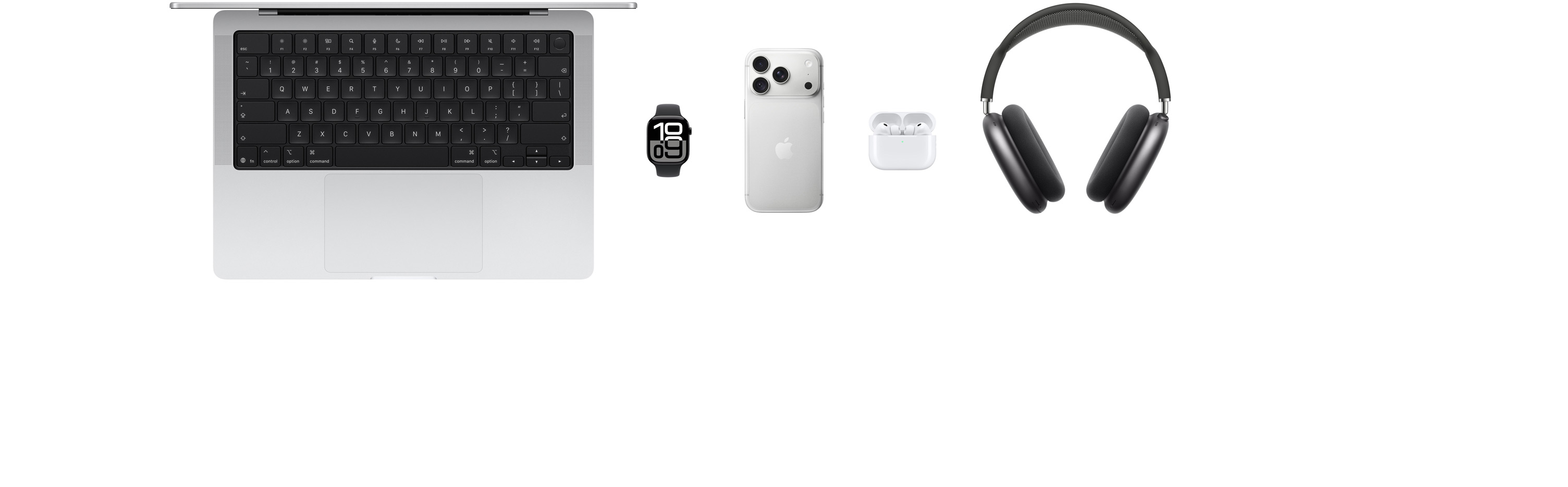 Varios productos Apple, incluyendo un MacBook Pro, un Apple Watch Series 12, un iPhone 18 Pro, unos AirPods Pro 3 y unos AirPods Max