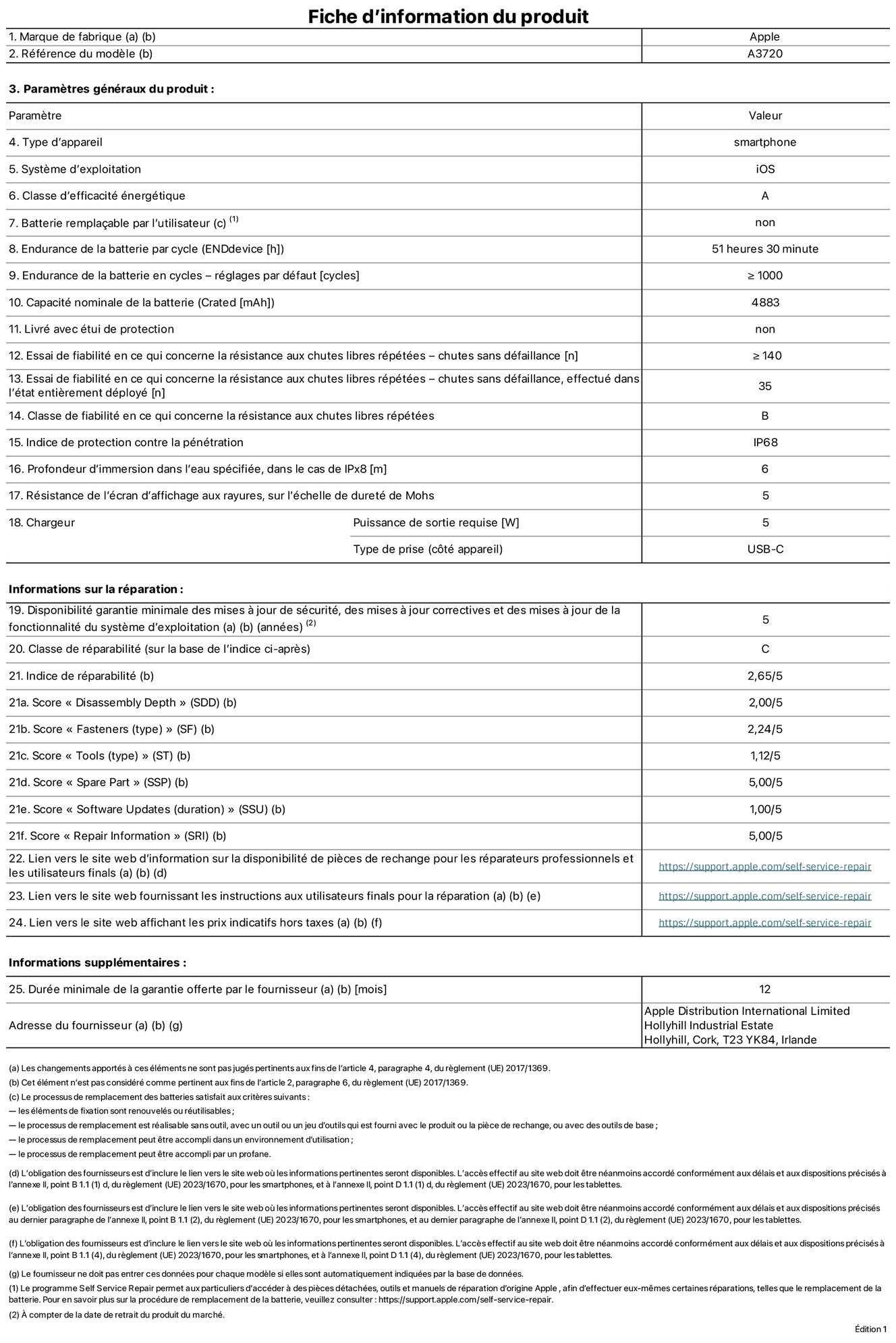 Fiche d’informations produit de l’iPhone Duo, modèle A3720. Fournie par Apple Distribution International Limited, Hollyhill Industrial Estate. Cork, T23 YK84, Irlande. Type d’appareil : smartphone. Système d’exploitation : iOS. Classe d’efficacité énergétique : A. Batterie remplaçable par l’utilisateur : non. Endurance de la batterie par cycle : 51 heures 30 minutes. Endurance de la batterie en cycles – réglages par défaut : supérieure ou égale à 1 000. Capacité nominale de la batterie : 4 883 mAh. Livré avec étui de protection : non. Essai de fiabilité en ce qui concerne la résistance aux chutes libres répétées – chutes sans défaillance : supérieur ou égal à 140. Essai de fiabilité en ce qui concerne la résistance aux chutes libres répétées – chutes sans défaillance, effectué dans l’état entièrement déployé : 35. Classe de fiabilité en ce qui concerne la résistance aux chutes libres répétées : B. Indice de protection contre la pénétration : IP68. Profondeur d’immersion dans l’eau spécifiée, dans le cas de l’IPx8 : 6 mètres. Résistance de l’écran d’affichage aux rayures, sur l’échelle de dureté de Mohs : 5. Puissance de sortie requise du chargeur : 5 W. Type de prise (côté appareil) : USB‑C. Disponibilité garantie minimale des mises à jour de sécurité, des mises à jour correctives et des mises à jour de la fonctionnalité du système d’exploitation : 5 ans. Classe de réparabilité : C. Indice de réparabilité : 2,65/5. Score pour la profondeur de désassemblage (SDD) : 2,00/5. Score pour les éléments de fixation : 2,24/5. Score pour les outils : 1,12/5. Score pour les pièces de rechange : 5,00/5. Score pour la mise à jour des logiciels : 1,00/5. Score pour les informations concernant la réparation : 5,00/5. Lien vers le site web d’information sur la disponibilité des pièces de rechange pour les réparateurs professionnels et les utilisateurs finals : https://support.apple.com/self-service-repair. Lien vers le site web fournissant les instructions aux utilisateurs finals pour la réparation : https://support.apple.com/self-service-repair. Lien vers le site web affichant les prix indicatifs hors taxes : https://support.apple.com/self-service-repair. Garantie générale de 12 mois offerte.