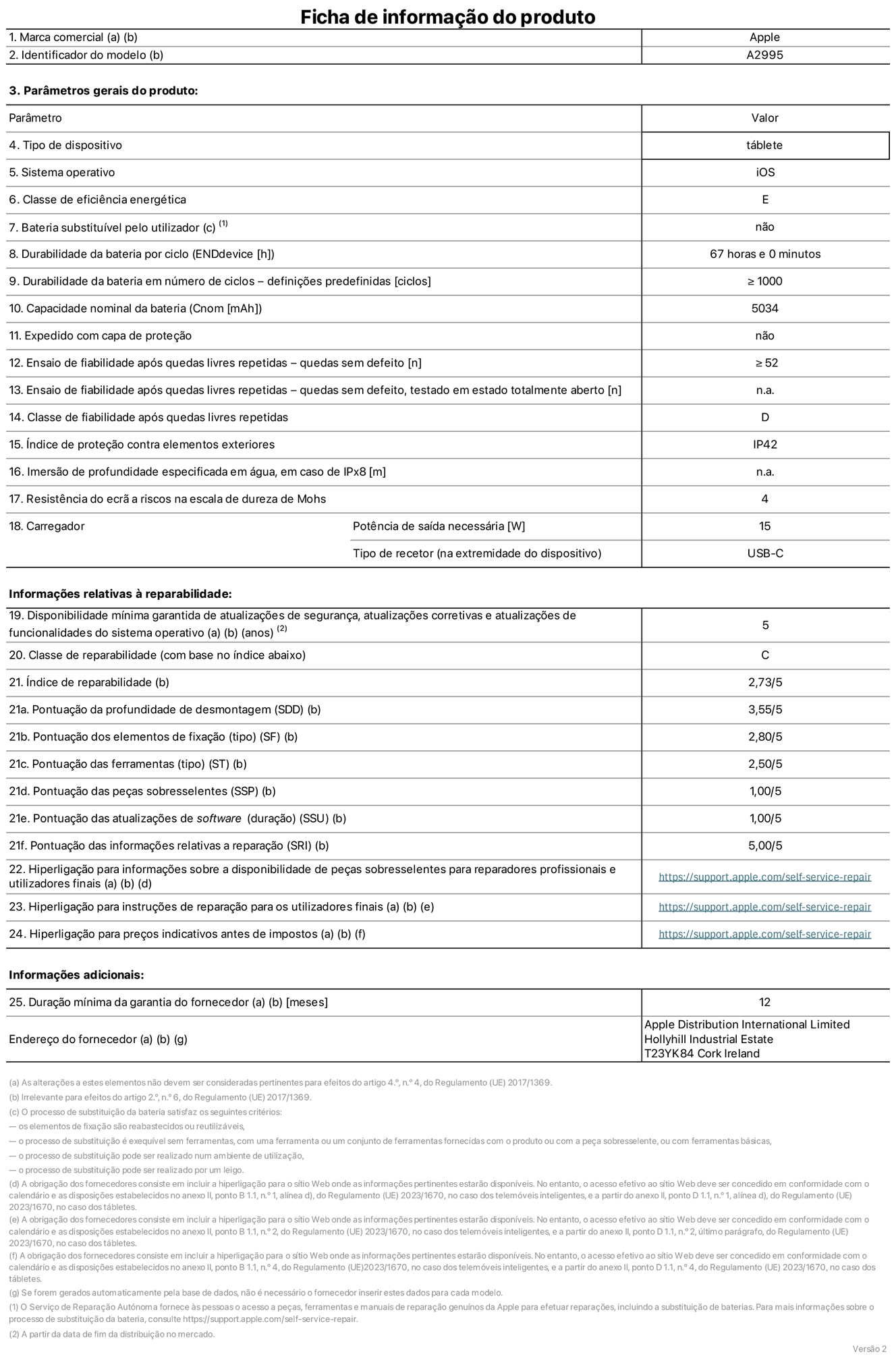Folha de informações do produto para o iPad mini Wi-Fi + Cellular, modelo A2995. Fornecido pela Apple Distribution International Ltd, Hollyhill Industrial Estate. Cork, Irlanda T23 YK84. Tipo de dispositivo: tablet. Sistema operativo: iOS. Classe de eficiência energética: E. Bateria substituível pelo utilizador: não. Autonomia da bateria: 67 horas. Autonomia da bateria em ciclos: número igual ou superior a 1000. Capacidade nominal da bateria: 5034 mAh. Teste de fiabilidade após quedas livres repetidas - quedas sem defeito: número igual ou superior a 52. Classe de fiabilidade após quedas livres repetidas: D. Índice de proteção contra elementos exteriores: IP42. Resistência do ecrã a riscos na escala de dureza de Mohs: 4. Potência de saída necessária do carregador: 15 W. Tipo de recetor do carregador: USB-C. Disponibilidade mínima garantida de atualizações de segurança, atualizações corretivas e atualizações de funcionalidades do sistema operativo: 5 anos. Classe de reparabilidade: C. Índice de reparabilidade: 2,73/5. Pontuação da profundidade de desmontagem: 3,55/5. Pontuação dos elementos de fixação: 2,80/5. Pontuação das ferramentas: 2,50/5. Pontuação das peças sobresselentes: 1,00/5. Pontuação das atualizações de software: 1,00/5. Pontuação das informações relativas a reparação: 5,00/5. Hiperligação para informações sobre a disponibilidade de peças sobresselentes para reparadores profissionais e utilizadores finais: https://support.apple.com/self-service-repair. Hiperligação para instruções de reparação para utilizadores finais: https://support.apple.com/self-service-repair. Hiperligação para preços indicativos antes de impostos: https://support.apple.com/self-service-repair. Oferta de garantia geral de 12 meses.