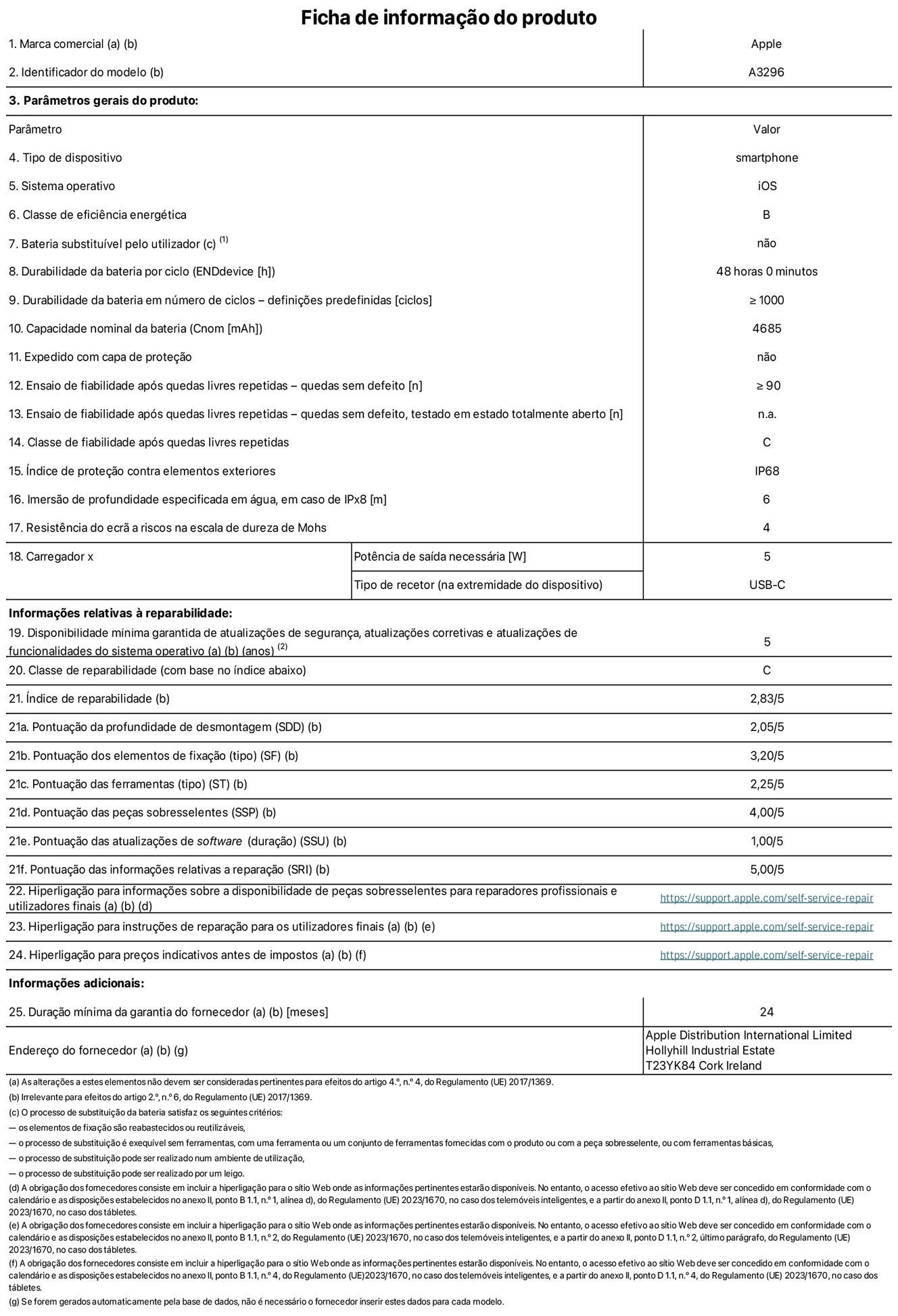 Folha de informações do produto para o iPhone 16 Pro Max, modelo A3296. Fornecido pela Apple Distribution International Limited, Hollyhill Industrial Estate. Cork, Irlanda T23 YK84. Tipo de dispositivo: smartphone. Sistema operativo: iOS. Classe de eficiência energética: B. Bateria substituível pelo utilizador: não. Autonomia da bateria por ciclo: 48 horas. Autonomia da bateria em ciclos - pré‑configurações: número igual ou superior a 1000. Capacidade nominal da bateria: 4685 mAh. Enviado com capa protetora: não. Teste de fiabilidade após quedas livres repetidas - quedas sem defeito: número igual ou superior a 90. Teste de fiabilidade após quedas livres repetidas - quedas sem defeito testadas no estado totalmente aberto: não aplicável. Classe de fiabilidade após quedas livres repetidas: C. Índice de proteção contra elementos exteriores: IP68. Imersão de profundidade especificada em água, em caso de IPx8: 6 metros. Resistência do ecrã a riscos na escala de dureza de Mohs: 4. Potência de saída necessária do carregador: 5 watts. Tipo de recetor do carregador (na extremidade do dispositivo): USB-C. Disponibilidade mínima garantida de atualizações de segurança, atualizações corretivas e atualizações de funcionalidades do sistema operativo: 5 anos. Classe de reparabilidade: C. Índice de reparabilidade: 2,83/5. Pontuação da profundidade de desmontagem (SDD): 2,05/5. Pontuação dos elementos de fixação: 3,20/5. Pontuação das ferramentas: 1,00/5. Pontuação das peças sobresselentes: 4,00/5. Pontuação das atualizações de software: 1,00/5. Pontuação das informações relativas a reparação: 5,00/5. Hiperligação para informações sobre a disponibilidade de peças sobresselentes para reparadores profissionais e utilizadores finais: https://support.apple.com/self-service-repair. Hiperligação para instruções de reparação para utilizadores finais: https://support.apple.com/self-service-repair. Hiperligação para preços indicativos antes de impostos: https://support.apple.com/self-service-repair. Oferta de garantia geral de 12 meses.