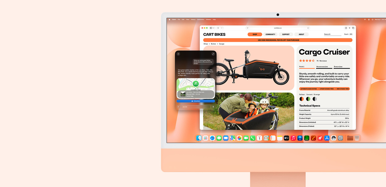 iMac, front exterior, orange colour, displaying Siri AI conversation for bike path recommendations, and Safari browser with a bike website