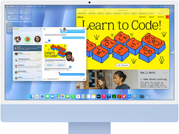 Voorkant van iMac in de kleur blauw, met op het scherm de Berichten-app en een website over leren programmeren