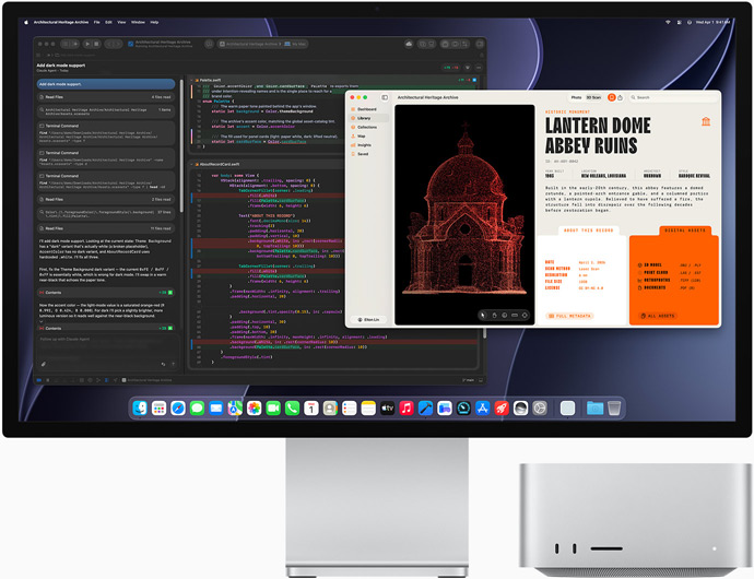 Studio Display XDR-skærm, der viser et dokument, som behandles i Claude Agent i XCode, samt Mac Studio vist forfra