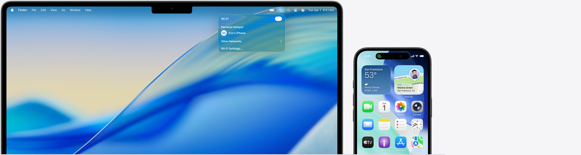 MacBook Pro de 14 pulgadas, Centro de Control en la barra de menús abierta, conexión de un punto de acceso personal con el mensaje «iPhone de Carlos», iPhone 16 con el indicador de un Punto de Acceso Personal en verde en la esquina superior izquierda de la pantalla
