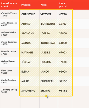 Une feuille de calcul blanche et rouge avec des informations sur la clientèle, la fonctionnalité Magic Fill indiquant des cellules vides remplies en jaune