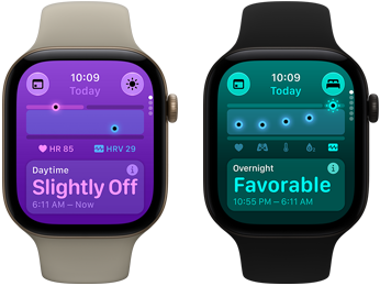 Δύο συσκευές Apple Watch Series 12: κάσα από αλουμίνιο, ανοιχτό χρυσαφί χρώμα, Ημερήσιες Ζωτικές Ενδείξεις  ελαφρώς εκτός τυπικού εύρους, Digital Crown, λουράκι Sport Band σε χρώμα άμμος, κάσα από αλουμίνιο, μαύρο χρώμα, Νυχτερινές Ζωτικές Ενδείξεις θετικές, Digital Crown, λουράκι Sport Band σε μαύρο χρώμα