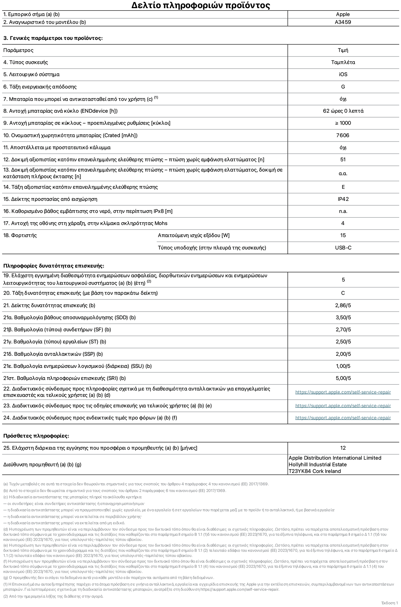 Φύλλο πληροφοριών προϊόντος για το iPad Air Wi-Fi 11 ιντσών, μοντέλο A3459. Παρέχεται από την Apple Distribution International Limited, Hollyhill Industrial Estate. Cork, Ιρλανδία, T23 YK84. Τύπος συσκευής: τάμπλετ. Λειτουργικό σύστημα: iOS. Τάξη ενεργειακής απόδοσης: G. Δυνατότητα αντικατάστασης μπαταρίας από τον χρήστη: όχι. Αντοχή μπαταρίας ανά κύκλο: 62 ώρες. Αντοχή μπαταρίας σε κύκλους - προεπιλεγμένες ρυθμίσεις: μεγαλύτερη ή ίση του 1.000. Ονομαστική χωρητικότητα μπαταρίας: 7.606 μιλιαμπέρ-ώρα. Αποστέλλεται με προστατευτικό κάλυμμα: όχι. Δοκιμή αξιοπιστίας κατόπιν επανειλημμένης ελεύθερης πτώσης, πτώσεις χωρίς βλάβη: περισσότερες ή ίσες με 51. Δοκιμή αξιοπιστίας κατόπιν επανειλημμένης ελεύθερης πτώσης, πτώσεις χωρίς βλάβη σε κατάσταση πλήρους έκτασης: μη διαθέσιμο. Τάξη αξιοπιστίας κατόπιν επανειλημμένης ελεύθερης πτώσης: E. Αξιολόγηση προστασίας από εισχώρηση: IP42. Καθορισμένο βάθος εμβύθισης σε νερό, σε περίπτωση iPx8: μη διαθέσιμο. Ανθεκτικότητα οθόνης στις γρατζουνιές στην κλίμακα σκληρότητας Mohs: 4. Απαιτούμενη ισχύς εξόδου φορτιστή: 15 W. Τύπος υποδοχής ηλεκτρικού ρεύματος φορτιστή (στο άκρο της συσκευής): USB-C. Ελάχιστη εγγυημένη διαθεσιμότητα ενημερώσεων ασφαλείας, διορθωτικών ενημερώσεων και ενημερώσεων λειτουργικότητας λειτουργικού συστήματος: 5 έτη. Τάξη επιδιορθωσιμότητας: C. Δείκτης επιδιορθωσιμότητας: 2,86/5. Βαθμολογία βάθους αποσυναρμολόγησης (SDD): 3,50/5. Βαθμολογία συνδετήρων: 2,70/5. Βαθμολογία εργαλείων: 2,50/5. Βαθμολογία ανταλλακτικών: 2.00/5. Βαθμολογία ενημερώσεων λογισμικού: 1,00/5. Βαθμολογία πληροφοριών επιδιόρθωσης: 5,00/5. Διαδικτυακός σύνδεσμος με πληροφορίες για τη διαθεσιμότητα ανταλλακτικών για επαγγελματίες τεχνικούς και τελικούς χρήστες: https://support.apple.com/self-service-repair. Διαδικτυακός σύνδεσμος με πληροφορίες επιδιόρθωσης για τελικούς χρήστες: https://support.apple.com/self-service-repair. Διαδικτυακός σύνδεσμος με ενδεικτικές τιμές προ φόρου: https://support.apple.com/self-service-repair. Προσφέρεται 12μηνη γενική εγγύηση.