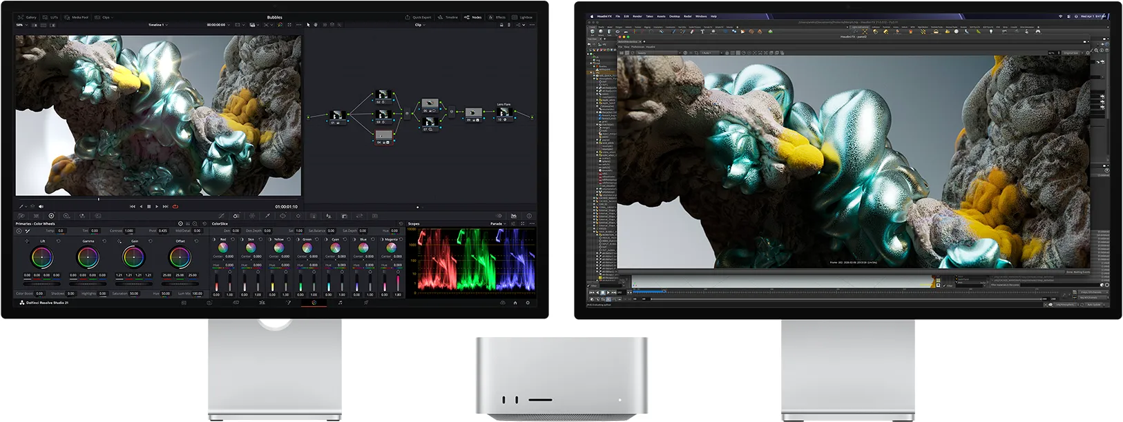 Studio Display, screen shows DaVinci Resolve Studio with abstract multicolor zoomed-in image, by its side is a Studio Display XDR, screen shows Houdini and Maxon Redshift with same image