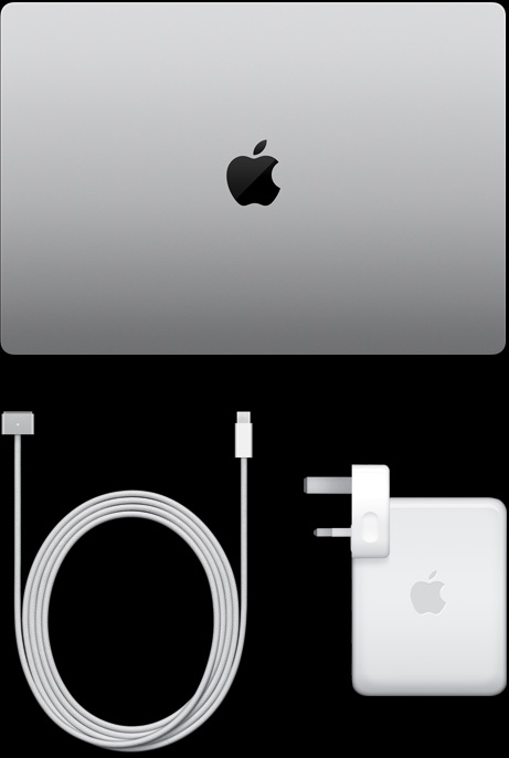 合上的銀色 MacBook Pro 俯視圖，旁邊放著充電線和電源轉換器