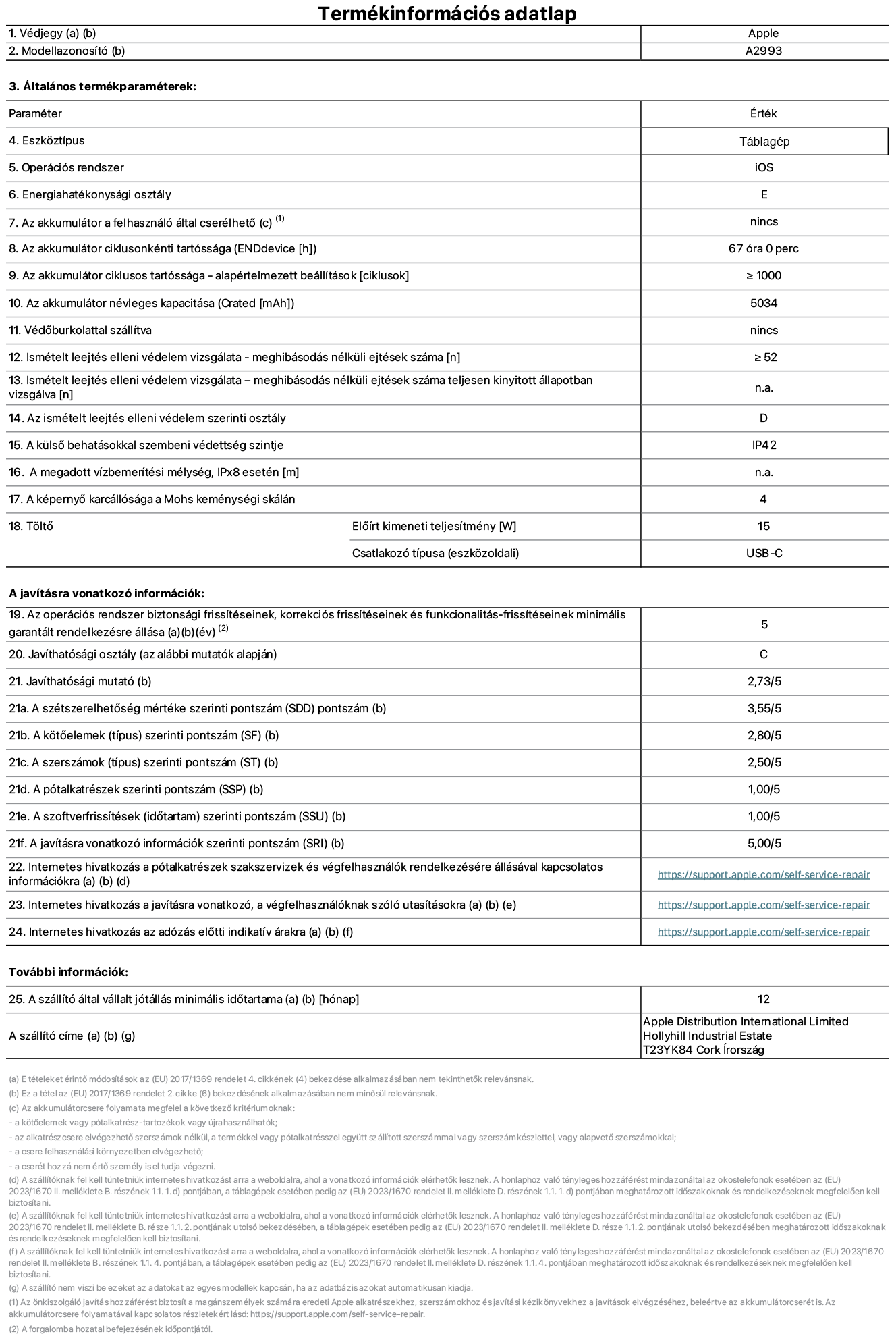 Az iPad mini Wi-Fi A2993‑as modell termékinformációs adatlapja. Szállító: Apple Distribution International Ltd, Hollyhill Industrial Estate. Cork, Írország T23 YK84. Eszköztípus: táblagép. Operációs rendszer: iOS. Energiahatékonysági osztály: E. Az akkumulátor a felhasználó által cserélhető: nem. Akkumulátor tartóssága: 67 óra. Az akkumulátor ciklusos tartóssága: ≥ 1000. Az akkumulátor névleges kapacitása: 5034 mAh. Ismételt leejtés elleni védelem vizsgálata – meghibásodás nélküli ejtések száma: ≥ 52. Az ismételt leejtés elleni védelem szerinti osztály: D. A külső behatásokkal szembeni védettség szintje: IP42. A képernyő karcállósága a Mohs keménységi skálán: 4. Töltő Előírt kimeneti teljesítmény: 15 W. Csatlakozó típusa: USB-C. Az operációs rendszer biztonsági frissítéseinek, korrekciós frissítéseinek és funkcionalitás-frissítéseinek minimális garantált rendelkezésre állása: 5 év. Javíthatósági osztály: C. Javíthatósági mutató: 2,73/5. A szétszerelhetőség mértéke szerinti pontszám: 3,55/5. A kötőelemek szerinti pontszám: 2,80/5. A szerszámok szerinti pontszám: 2,50/5. A pótalkatrészek szerinti pontszám: 1,00/5. A szoftverfrissítések szerinti pontszám: 1,00/5. A javításra vonatkozó információk szerinti pontszám: 5,00/5. Internetes hivatkozás a pótalkatrészek szakszervizek és végfelhasználók rendelkezésére állásával kapcsolatos információkra: https://support.apple.com/self-service-repair. Internetes hivatkozás a javításra vonatkozó, a végfelhasználóknak szóló utasításokra: https://support.apple.com/self-service-repair. Internetes hivatkozás az adózás előtti indikatív árakra: https://support.apple.com/self-service-repair. 12 hónapos általános jótállás.
