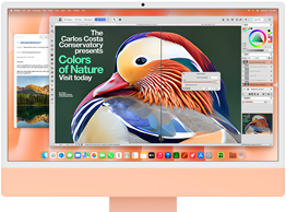 Narancsszínű iMac elölnézetből, a kijelzőn képszerkesztő alkalmazás AI-eszközökkel, a háttérben a Mail app