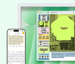 Egy iMac és egy iPhone egymás mellett. Az iPhone Jegyzetek alkalmazásából szöveget másolnak át az iMacre