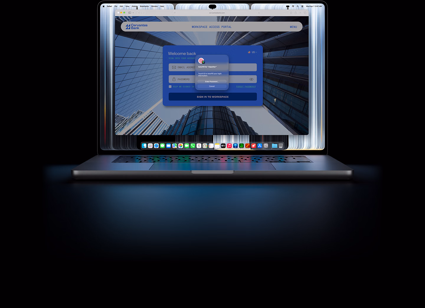 MacBook Pro PROLED XDR-kijelzővel, egy kis méretű Safari-ablak arra kéri a felhasználót, hogy Touch ID-val vagy hitelesítő adatok megadásával jelentkezzen be egy webhelyre.
