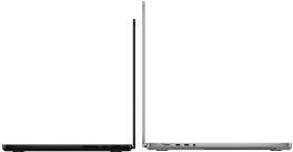 14 hüvelykes asztrofekete MacBook Pro egy 16 hüvelykes ezüstszínű MacBook Pro mellett.