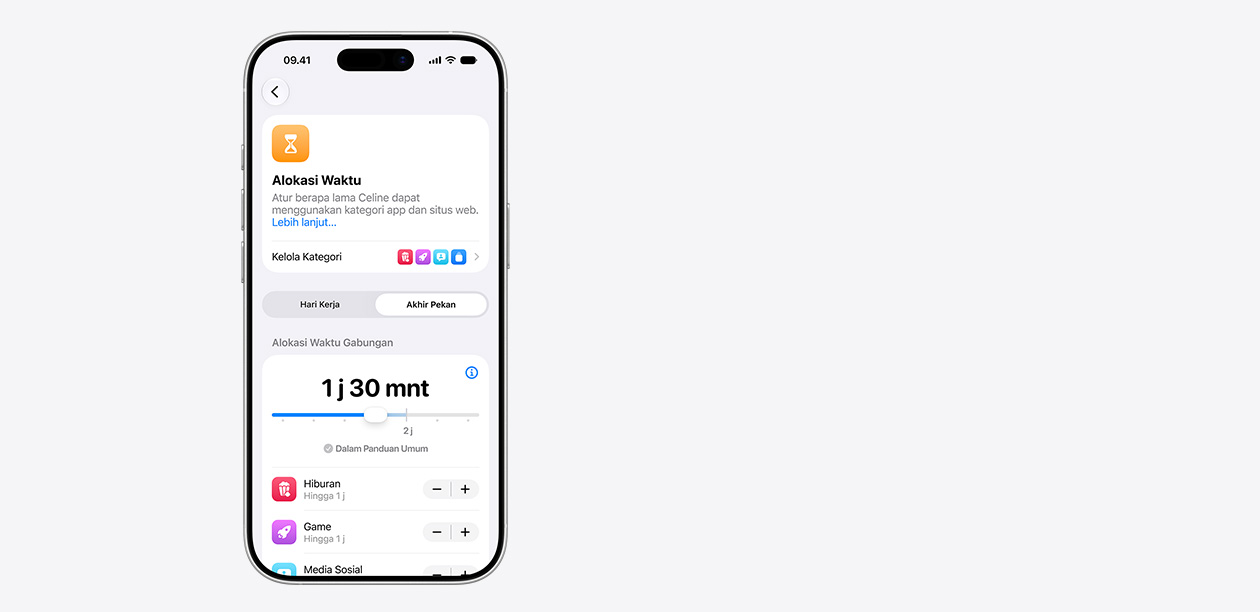 iPhone menampilkan antarmuka Alokasi Waktu, termasuk alokasi waktu bersama selama dua jam 30 menit, serta alokasi yang disarankan untuk kategori aplikasi seperti hiburan, game, dan media sosial.