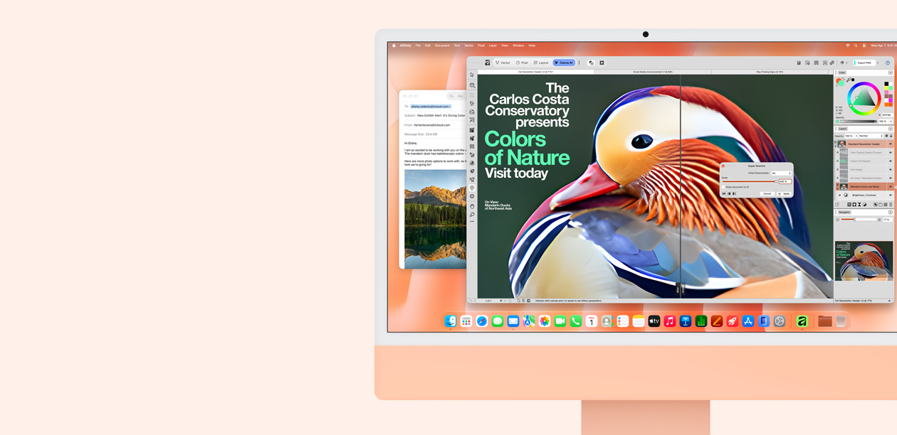 iMac, eksterior depan, warna oranye, menampilkan percakapan Siri AI untuk rekomendasi jalur sepeda, dan browser Safari dengan situs web sepeda