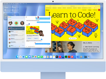iMac, eksterior depan, warna biru, menampilkan aplikasi Pesan dan situs web 'Belajar Menulis Kode Pemrograman'