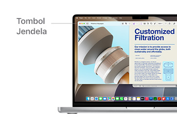 Ask Siri populates helpful research information on MacBook Pro 14", Preview runs in the background with a line indicating the location of the Window Buttons.