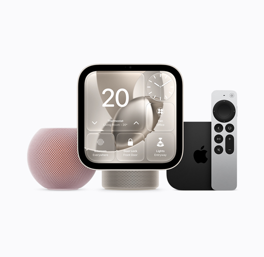 Apple Home devices, including HomePod mini 2 in pink colour, Apple HomeView, starlight colour (pale gold), and Apple TV 4K with Siri Remote