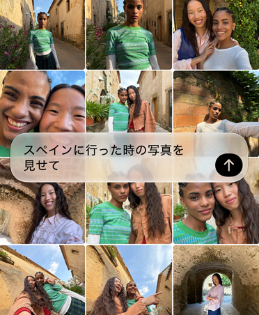 旅行で撮影した写真のコラージュ。様々な場所で複数の人物が写っている。最後にスペインに行った時の写真を表示してほしいとリクエストするテキストが上に重なっている.