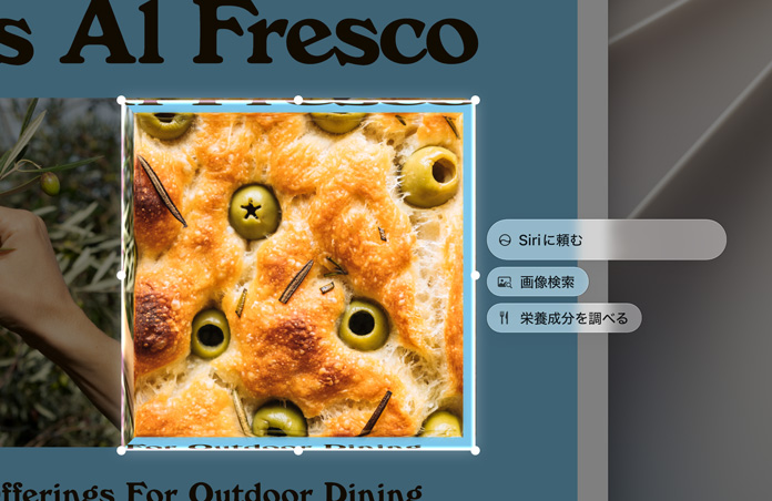 食べ物のスクリーンショット。「Siriに頼む」の吹き出しの下に、画像検索のためのオプションと、栄養成分を調べるためのオプションが表示されている