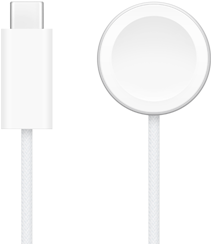 USB‑C įkroviklis šalia „Apple Watch“ magnetinio sparčiojo įkroviklio