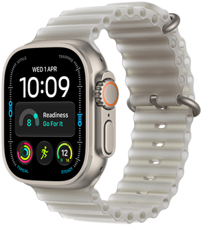 „Apple Watch Ultra 4“, titano korpusas, natūralios spalvos, modulinis laikrodžio ciferblatas, rodmenys: diena ir data, pasirengimo funkcija, pulso dažnis, bėgimo treniruotė, programa „Orai“, dešiniosios pusės išorinė dalis, „Digital Crown“, iškilęs šoninis mygtukas, „Ocean“ dirželis, peršviečiamos pilkos spalvos