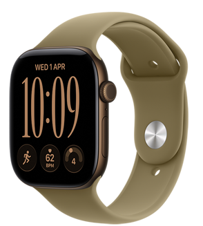 Apple Watch Series 12, alumīnija ietvars, tumšas bronzas krāsa, Modular Compact ciparnīca; komplikācijas: diena un datums, skriešanas treniņš, pulss, gatavība, labais sāns, Digital Crown, sānu poga, sporta siksniņa, olīvu krāsa