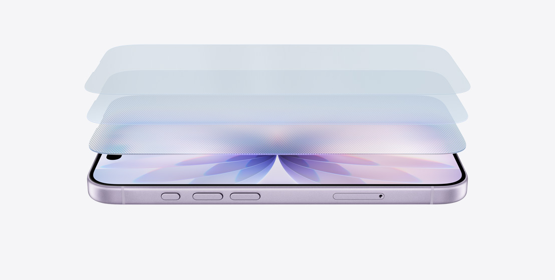 Horizontāli uz sāniem novietots iPhone 17 ar lavandas krāsas apdari, tiek parādīts Ceramic Shield 2 slānis
