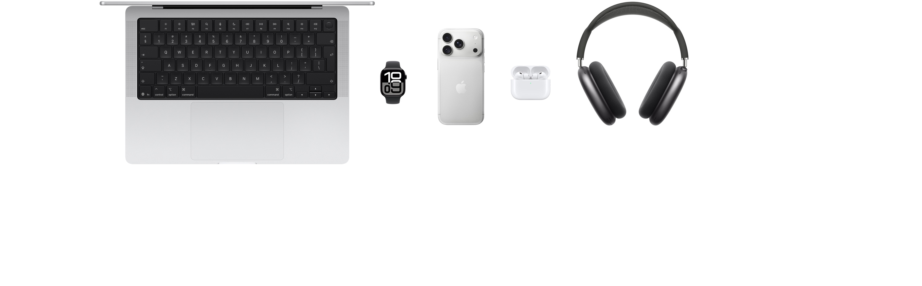 Various Apple products, including a MacBook Pro, an Apple Watch Series 12, an iPhone 18 Pro, AirPods Pro 3, AirPods Max, an Apple Pencil Pro, and an iPad Pro