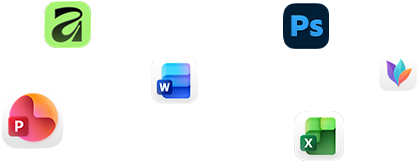 Various app icons floating on screen, including Microsoft Word, Adobe Photoshop, Canva, and Figma
