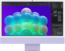 iMac, front exterior, purple color, displaying a colorful bubble structure in an image editing app