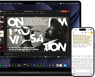 iPhone with text highlighted in the Notes app, MacBook Pro with a PowerPoint slide open, text from Notes app is visible on the slide