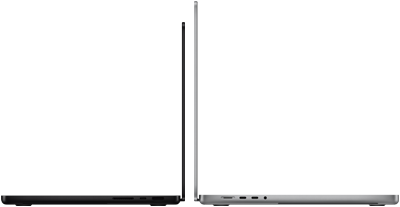14-inch MacBook Pro in space black next to 16-inch MacBook Pro in silver