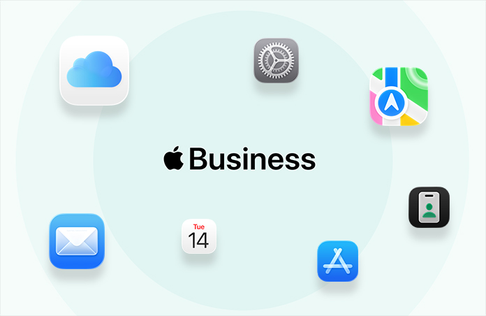 Apple Business，周圍環繞不同 app 的圖示，iCloud、地圖、AppleCare 服務計劃、郵件、日曆、App Store、Apple 商務 app。
