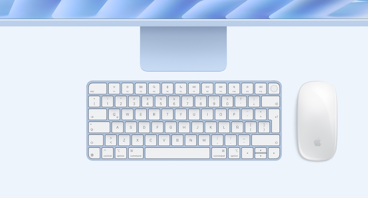 iMac, color azul, parte superior, con Magic Mouse y Magic Keyboard con Touch ID