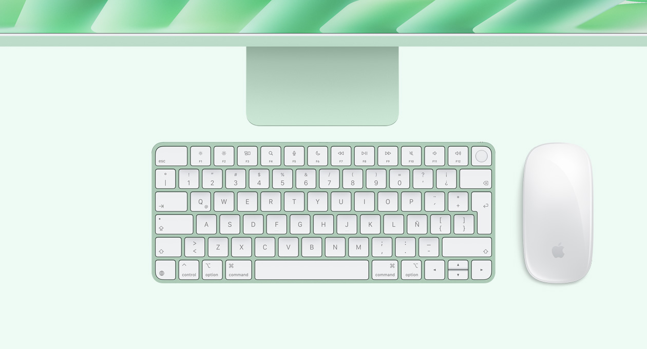 iMac, color verde, parte superior, con Magic Mouse y Magic Keyboard con Touch ID