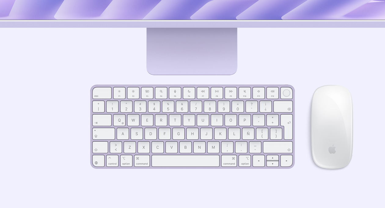 iMac, color morado, parte superior, con Magic Mouse y Magic Keyboard con Touch ID